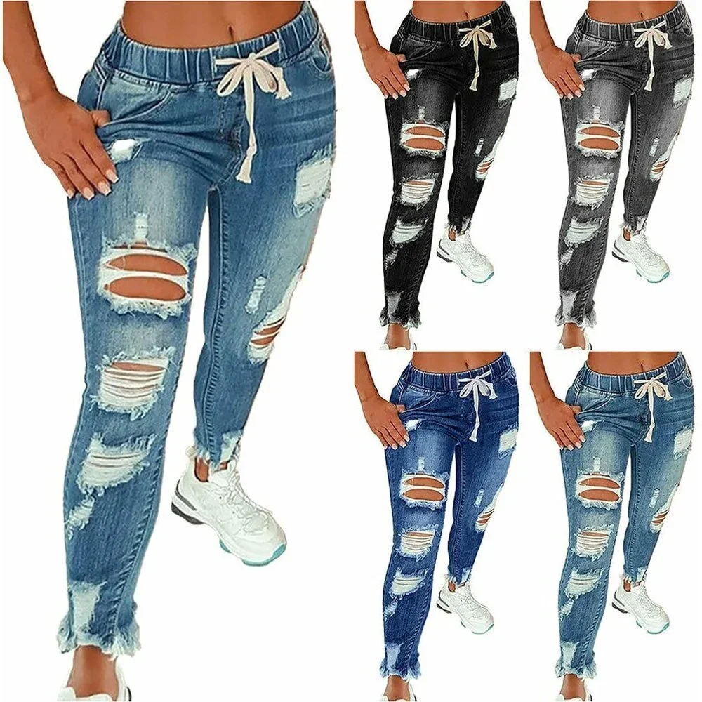 Women High Waist Skinny Ripped Denim Pants Plus Size Slim Fit Destroyed Jeans